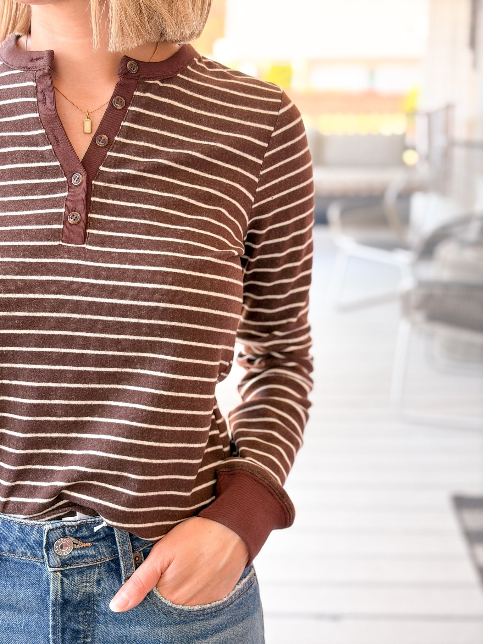 Rose & Lee Co Aeris Top, Brown/Ivory Stripe Long Sleeve