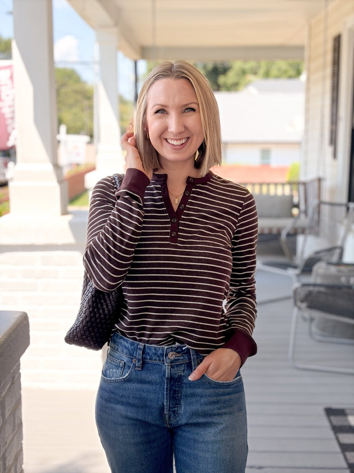 Rose & Lee Co Aeris Top, Brown/Ivory Stripe Long Sleeve