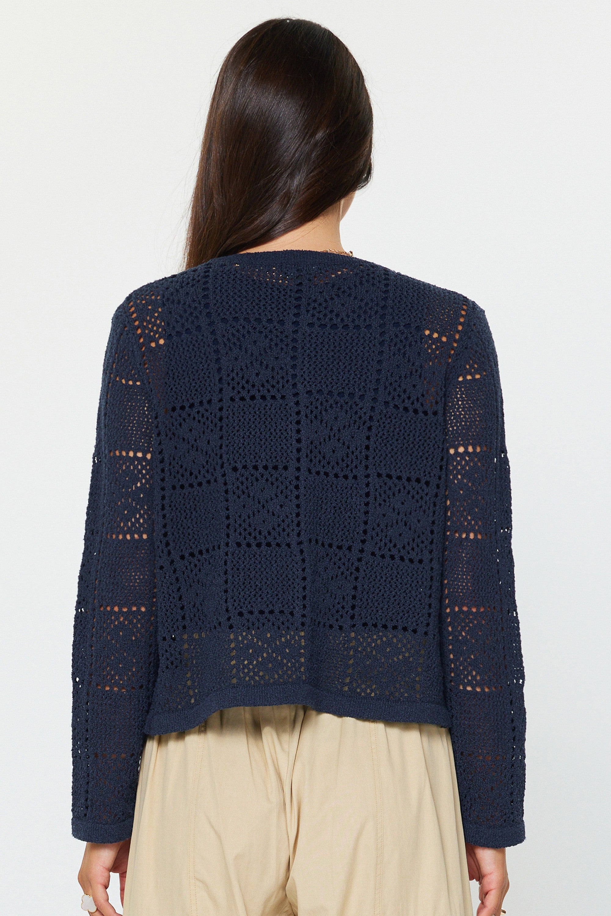 Navy Geometric Crochet Long Sleeve Cardigan