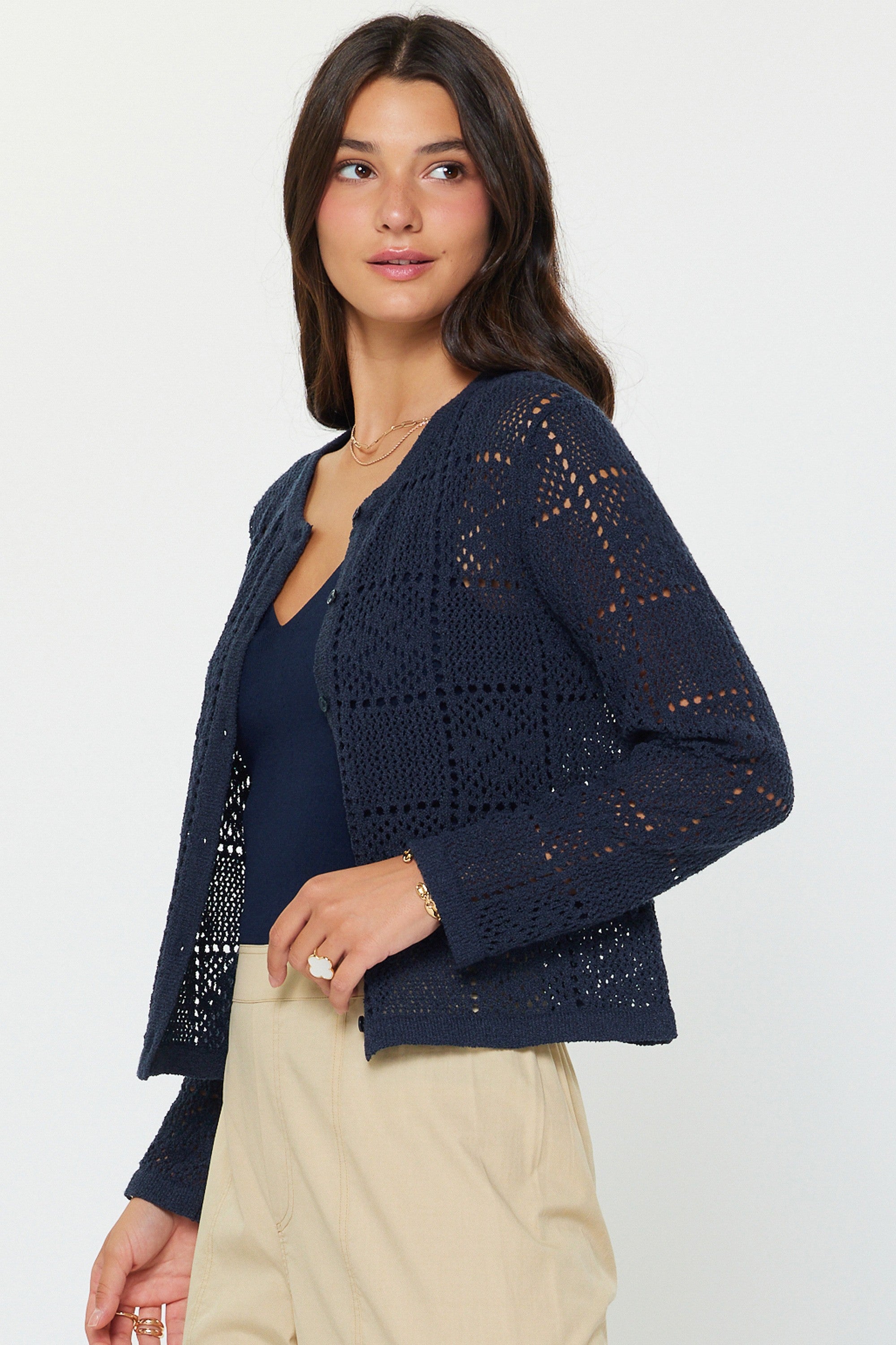 Navy Geometric Crochet Long Sleeve Cardigan