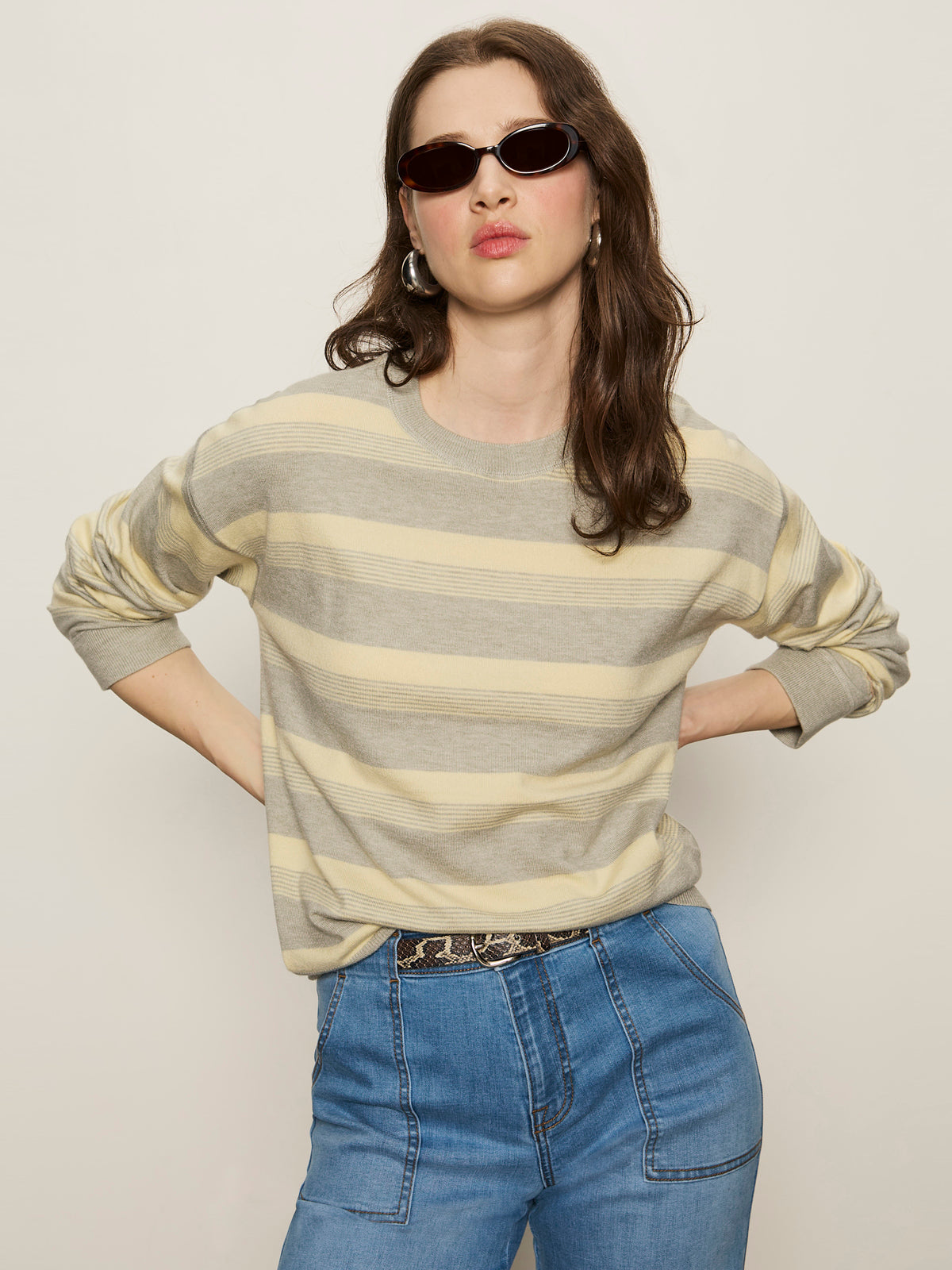 Grey/Buttercream Striped Long Sleeve Lightweight Sweater