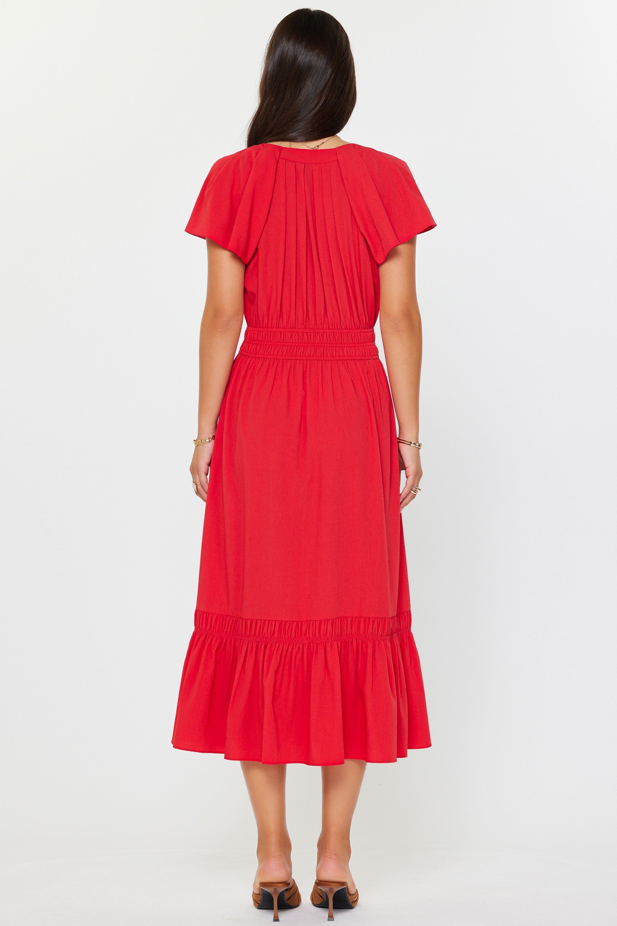 Red Short Sleeve Midi Length Dress