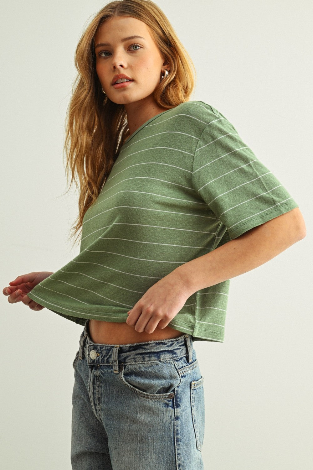 Sage Green/White Striped Boxy Cropped Tee