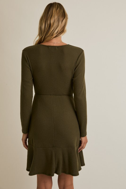 Ribbed Olive Green Mini Dress with O-Ring