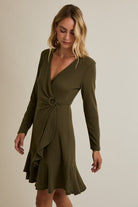 Ribbed Olive Green Mini Dress with O-Ring