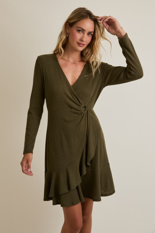Ribbed Olive Green Mini Dress with O-Ring