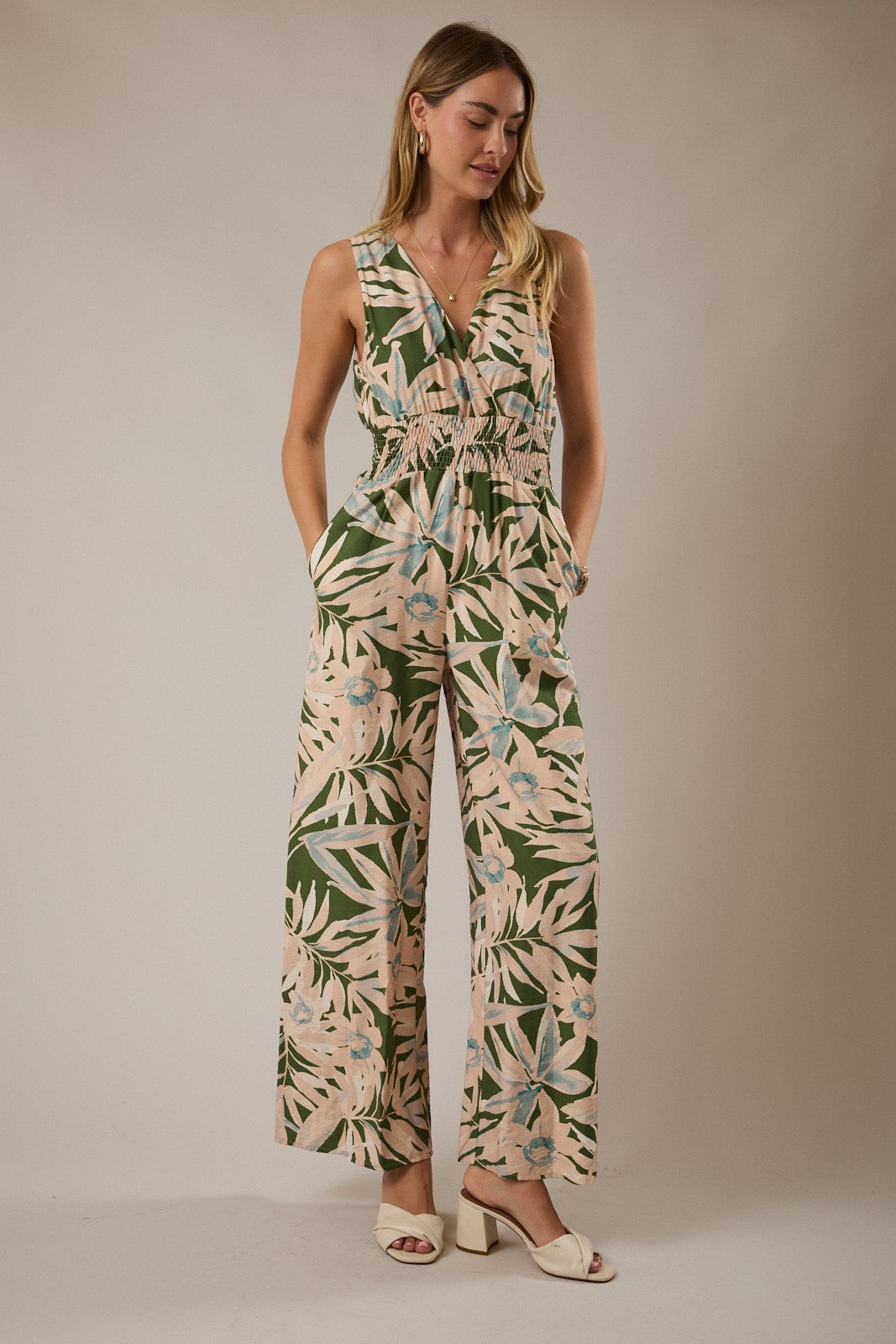 Olive/Ivory Floral Sleeveless Tropical Print Jumpsuit