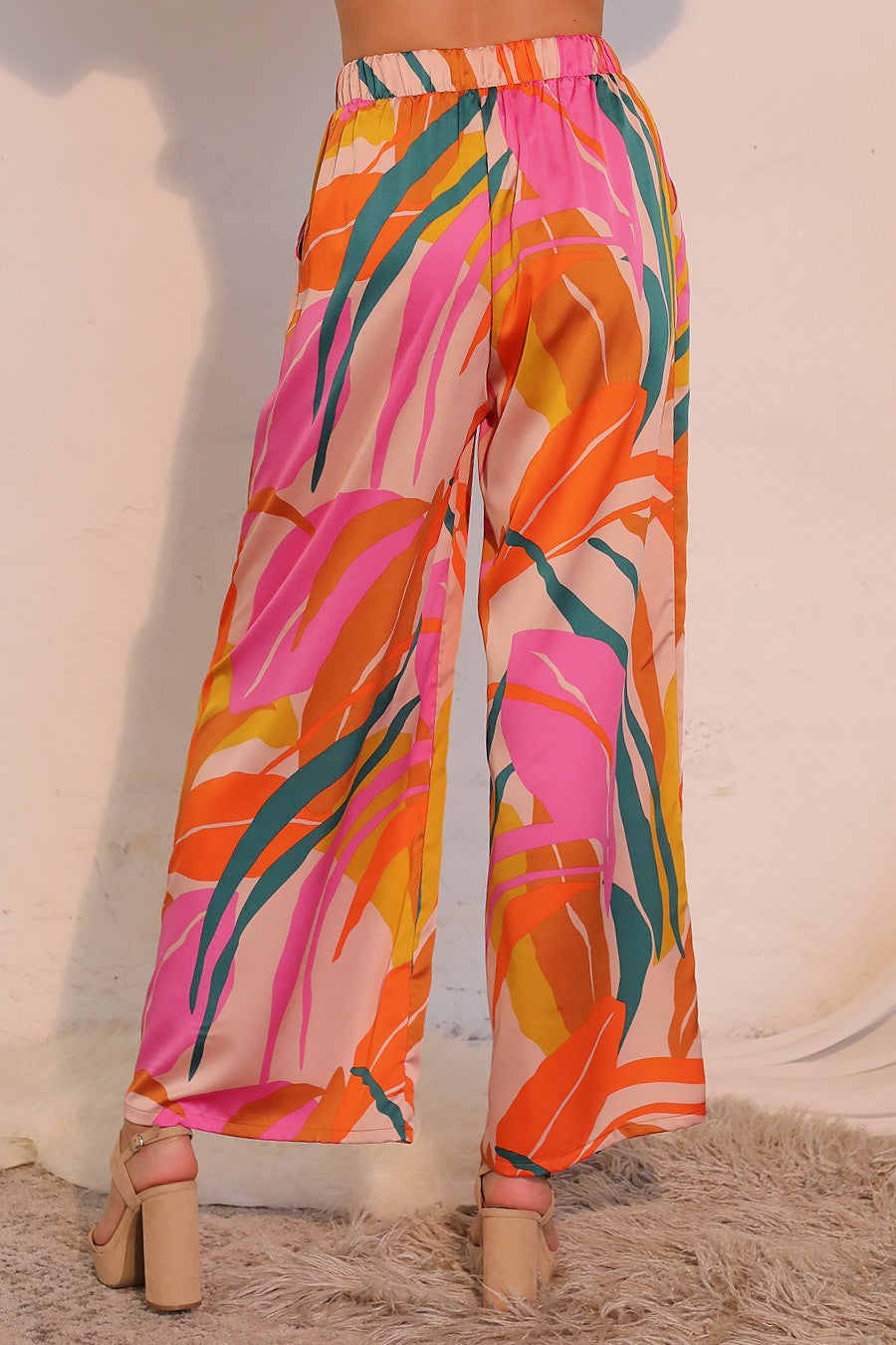 bright abstract pattern wide leg pants with elastic waist