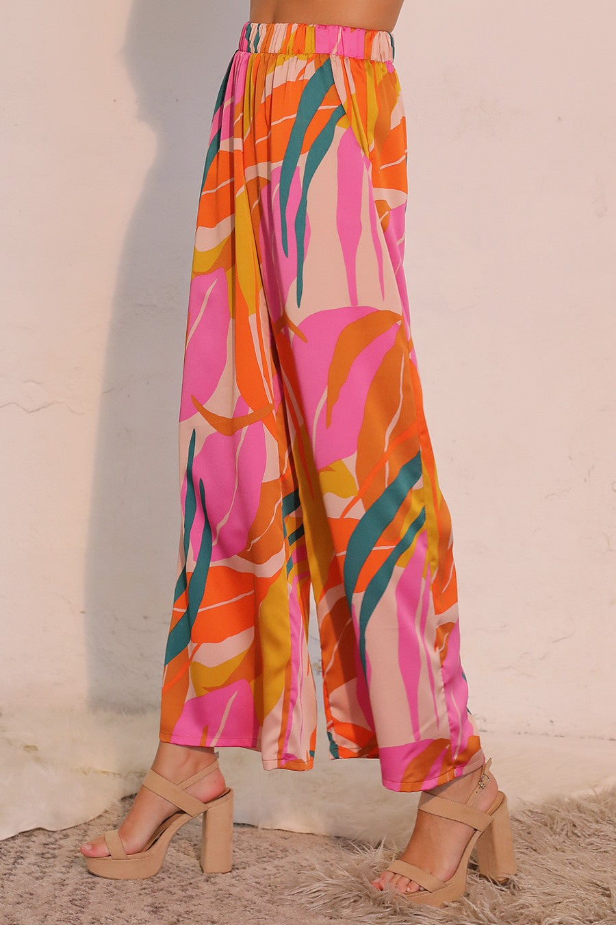 bright abstract pattern wide leg pants with elastic waist