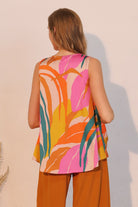 sleeveless tank with v neckline, bright abstract pattern