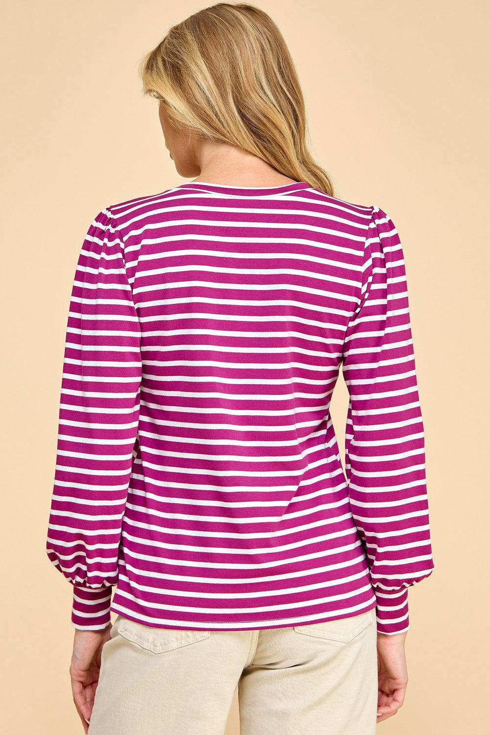 Magenta/White Striped Long Sleeve Top