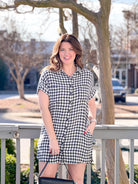 houndstooth black and white mini length button up dress