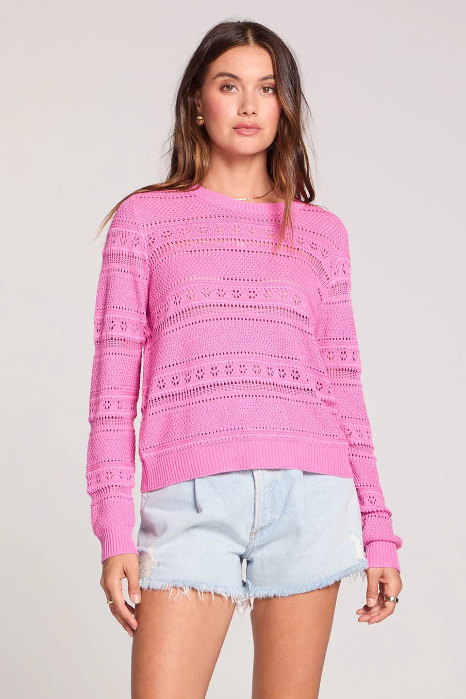 Pink Lace & Knit Long Sleeve Lightweight Sweater