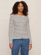 White/Black Striped Button Front Top