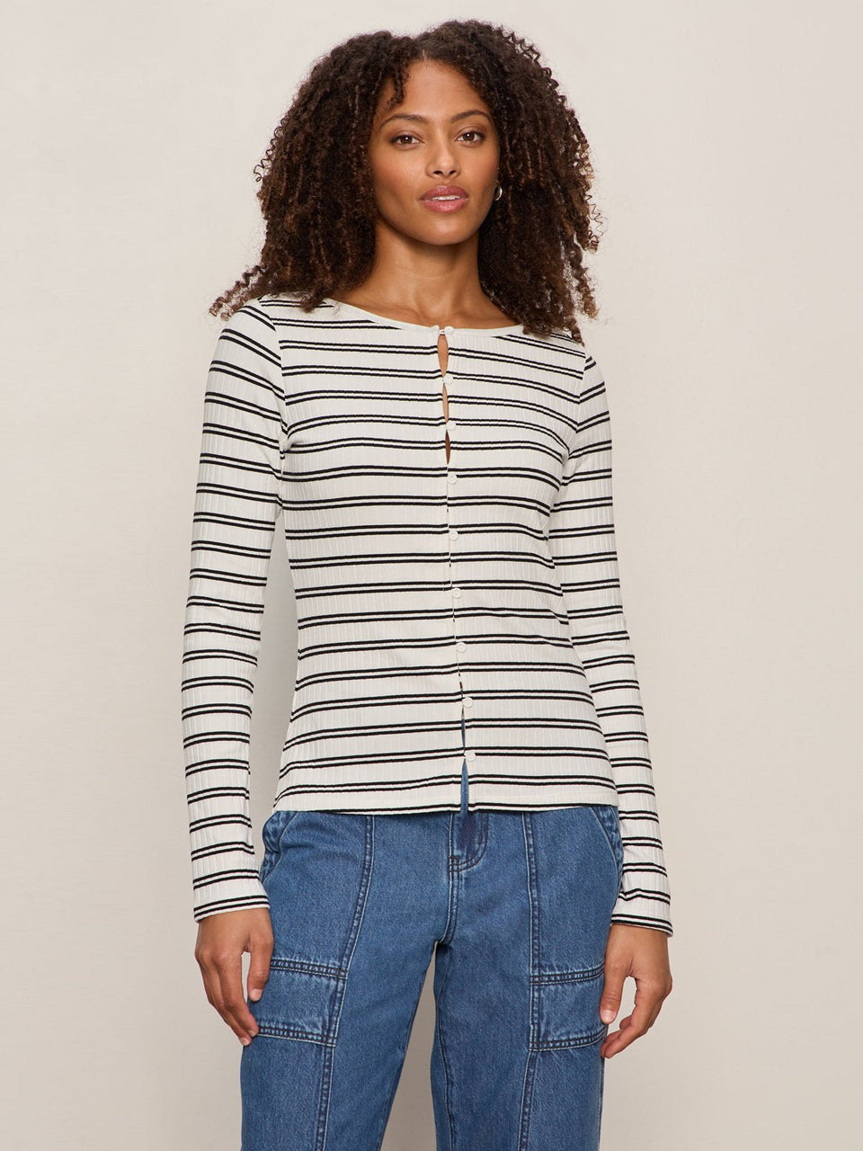White/Black Striped Button Front Top