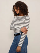 White/Black Striped Button Front Top