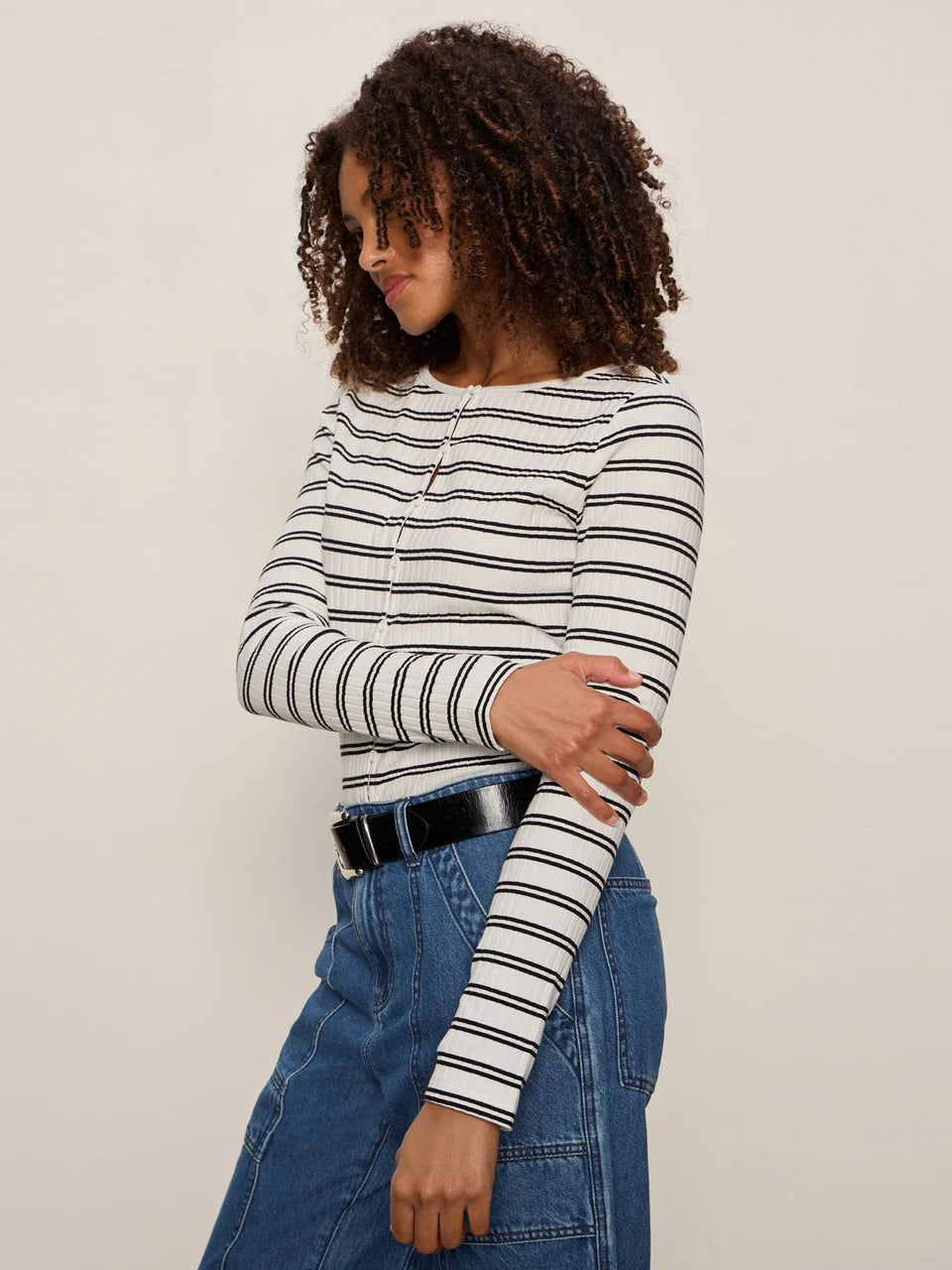 White/Black Striped Button Front Top