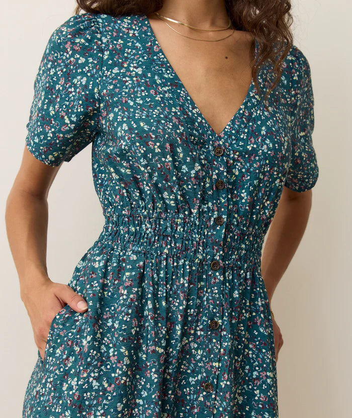 midi length a line dress with v neckline, teal floral pattern, short sleeves