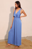 Blue V-Neckline Wide Leg Jumpsuit