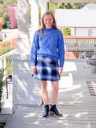 blue sweater with herringbone pattern