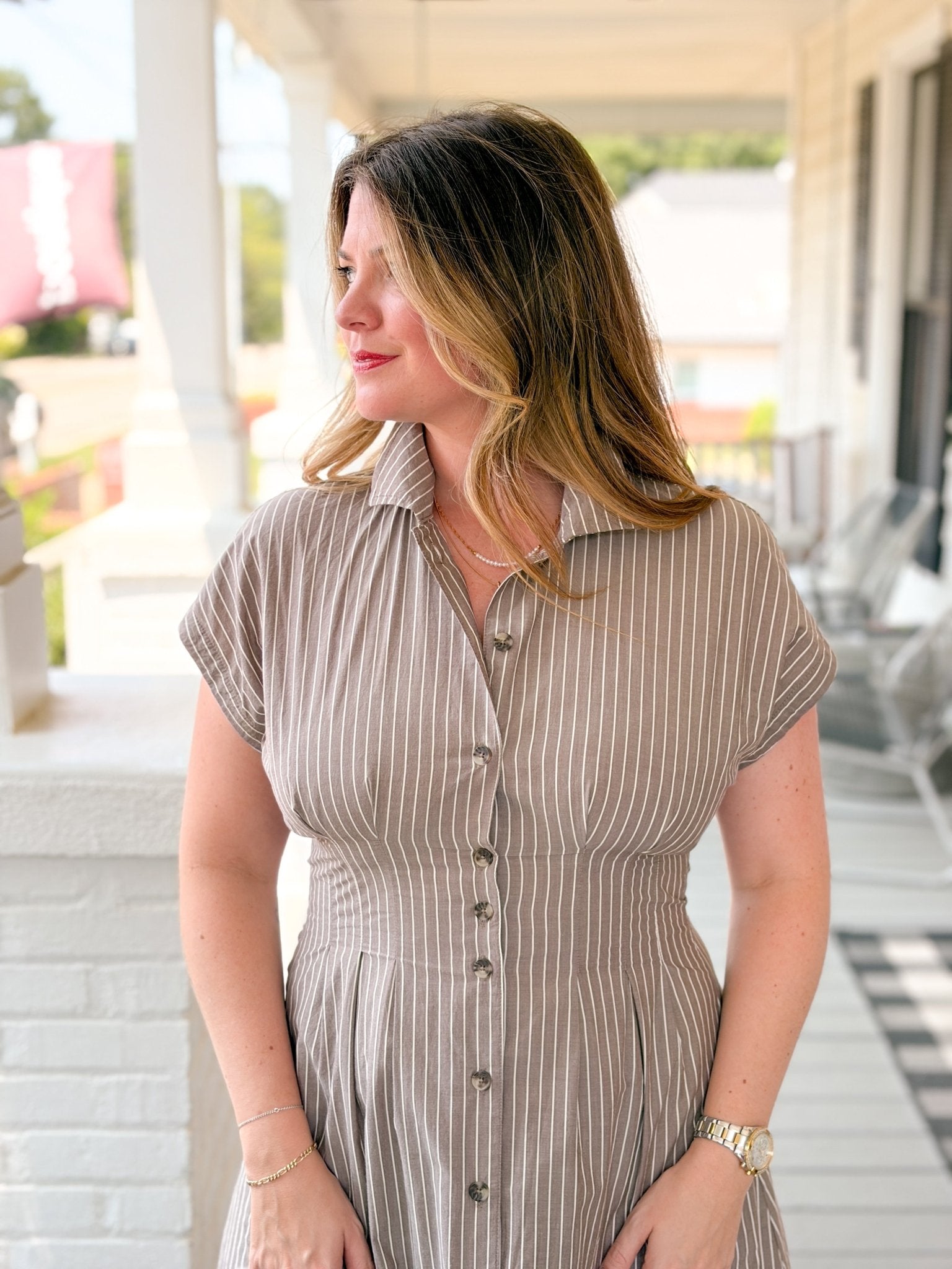 Rose & Lee Co Arden Dress, Chocolate/Cream Stripe by Marine Layer Work Dress
