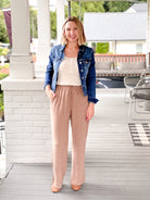 mocha pants with white pinstripe, elastic waist