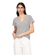 short sleeve shirt with black and white stripes and v neckline