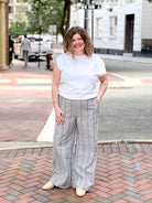 black and white stripe wide leg pants with elastic waist