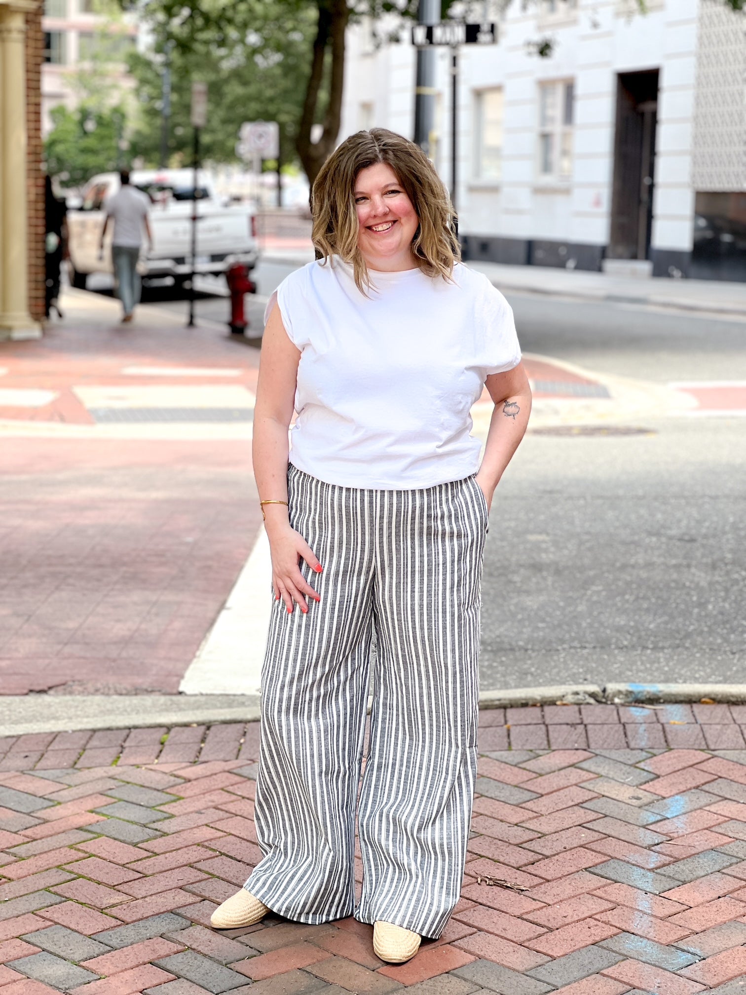 black and white stripe wide leg pants with elastic waist