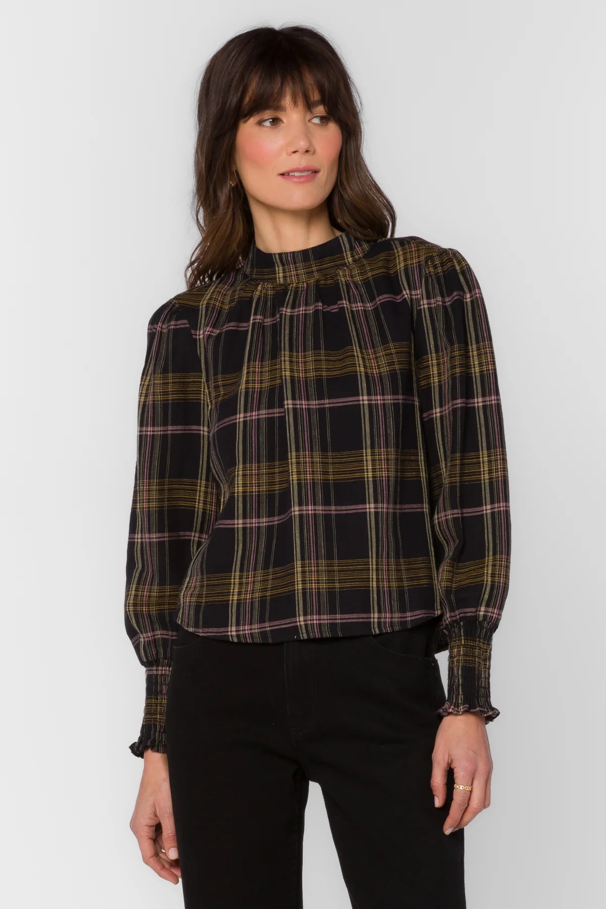 Long Sleeve Plaid Mock Neck Top