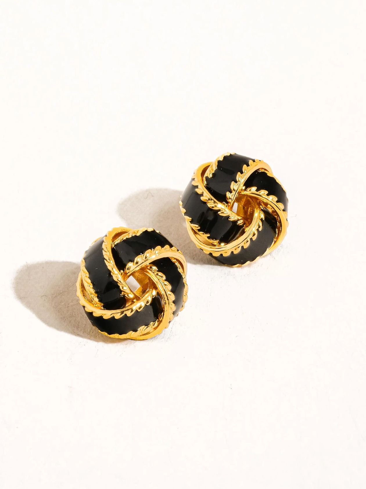 Rose & Lee Co Astor Black Basket Weaved Ball Stud Earrings, 18k Gold Earrings
