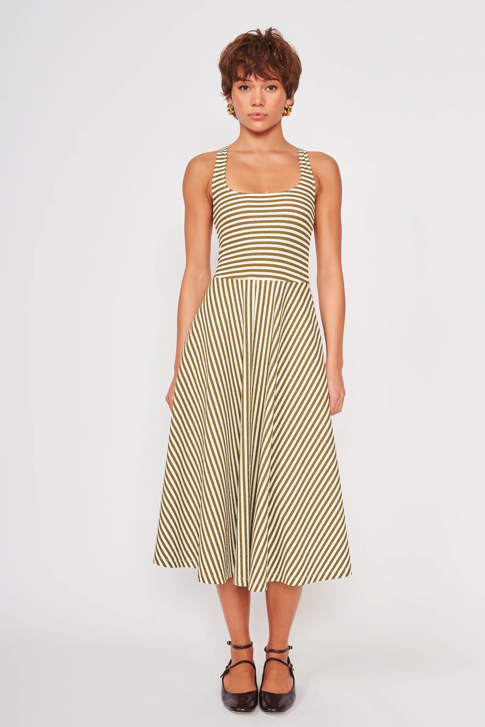 Green Striped Midi Sleeveless Dress