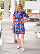 mini length dress, long sleeves, bright blue ikat pattern