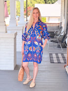 mini length dress, long sleeves, bright blue ikat pattern