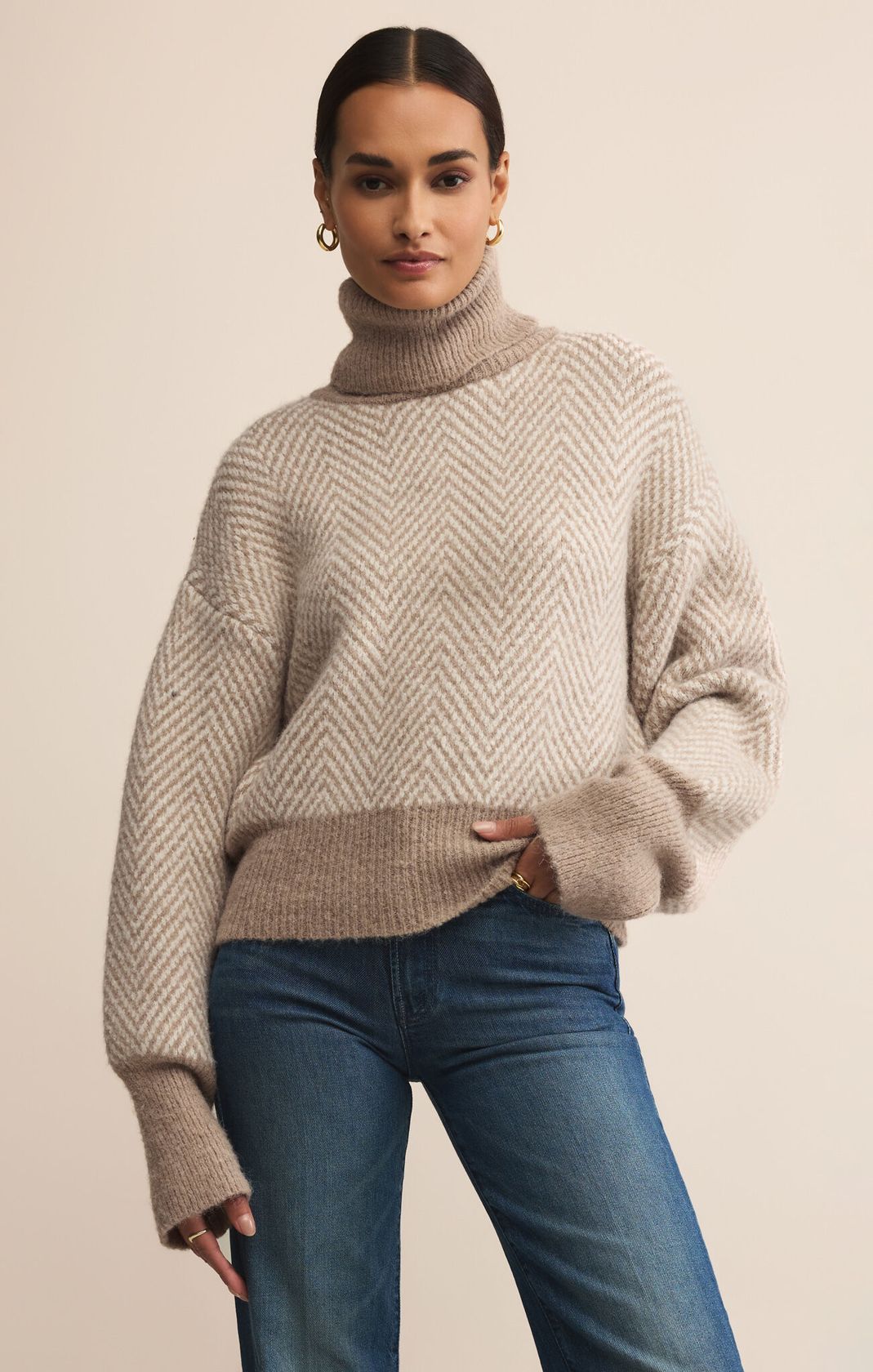 Neutral Herringbone Sweater with a Turtleneck
