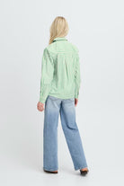 Green Striped Long Sleeve Collared Top