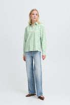Green Striped Long Sleeve Collared Top