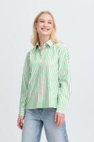 Green Striped Long Sleeve Collared Top