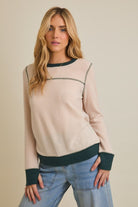 Cream/Green Contrast Long Sleeve Top