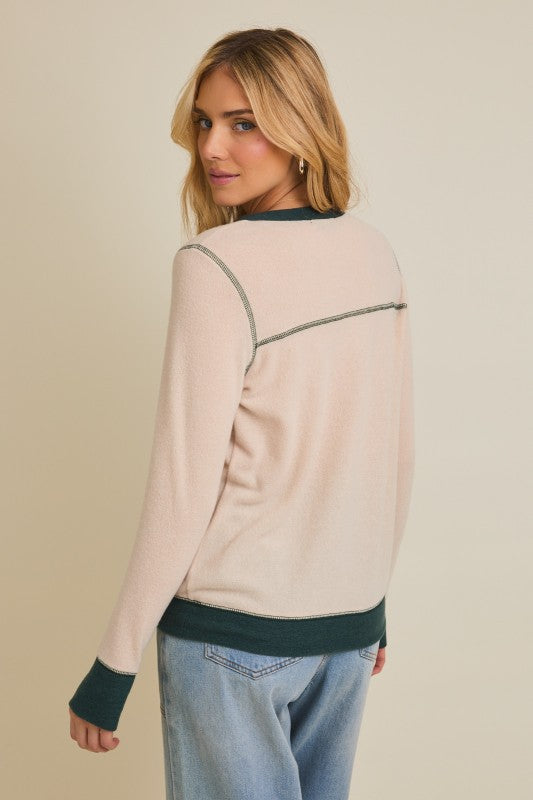 Cream/Green Contrast Long Sleeve Top