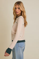 Cream/Green Contrast Long Sleeve Top