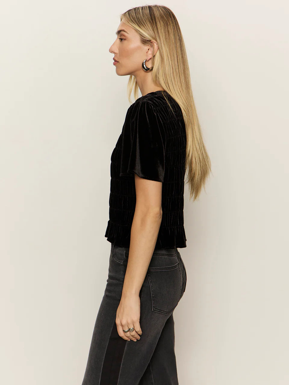 Velvet Short Sleeve Black Top