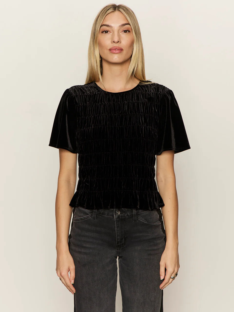 Velvet Short Sleeve Black Top