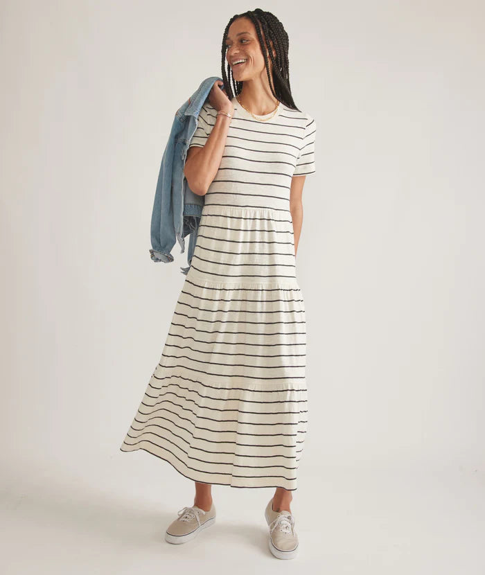 White and Black Striped Short Sleeve Dress