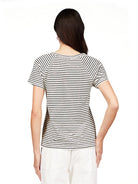 short sleeve shirt with black and white stripes and v neckline