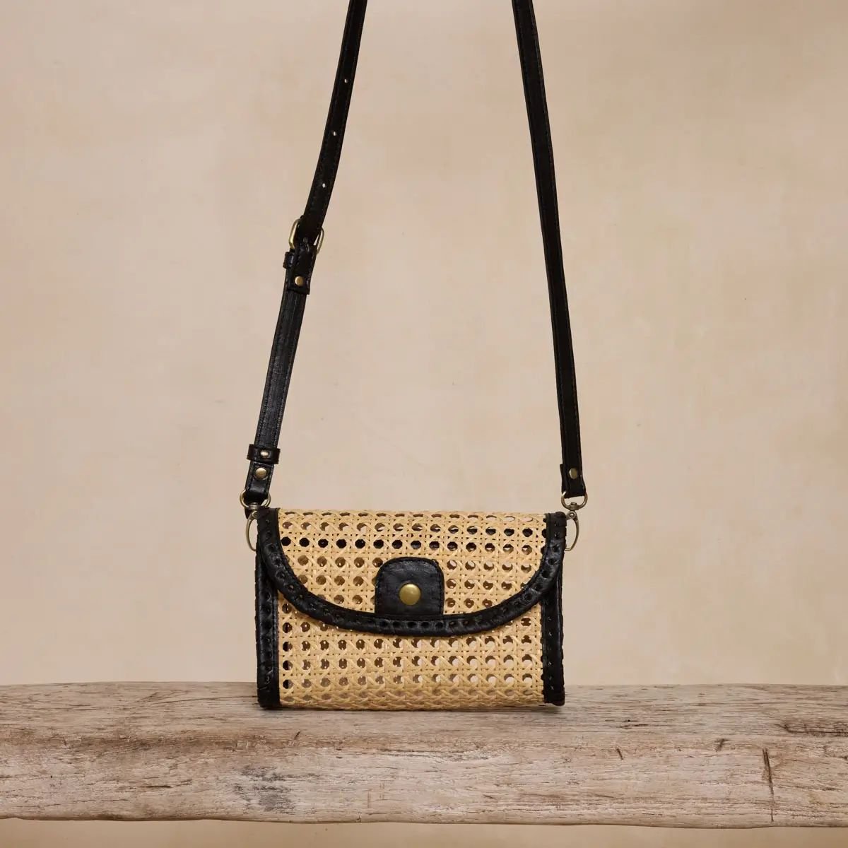 Rose & Lee Co Rattan Crossbody Clutch, Black Leather Bags