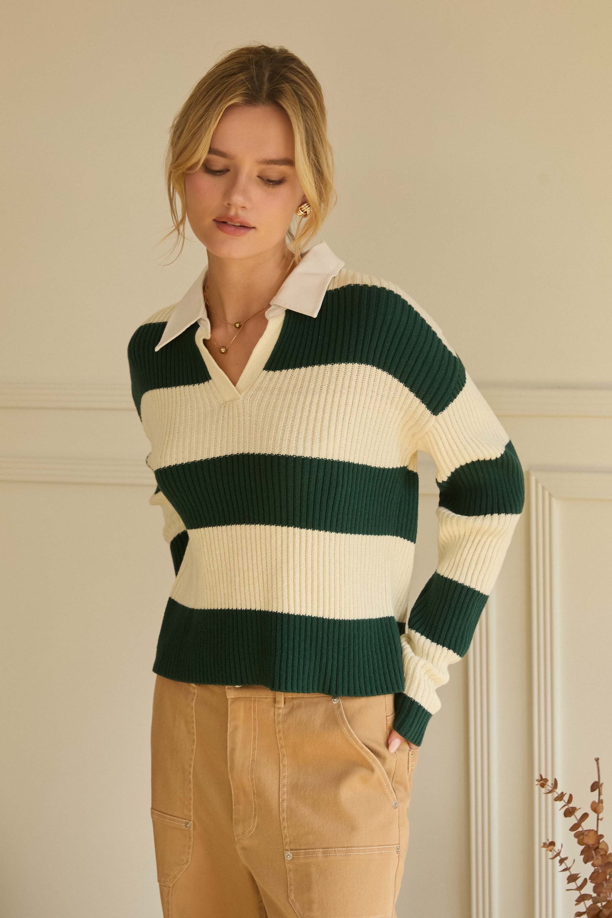 Green/Cream Striped Collared Top