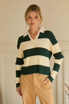 Green/Cream Striped Collared Top