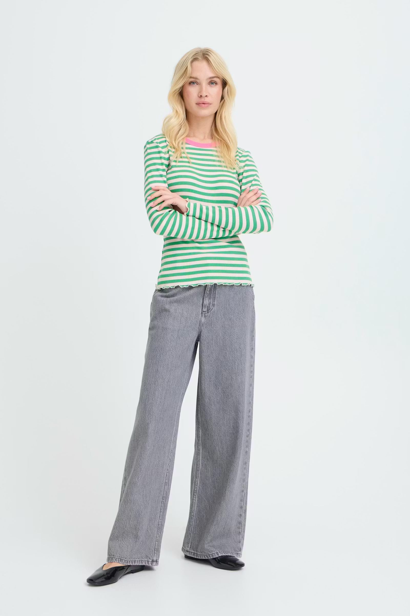 Green/White/Pink Striped Long Sleeve Ribbed Top