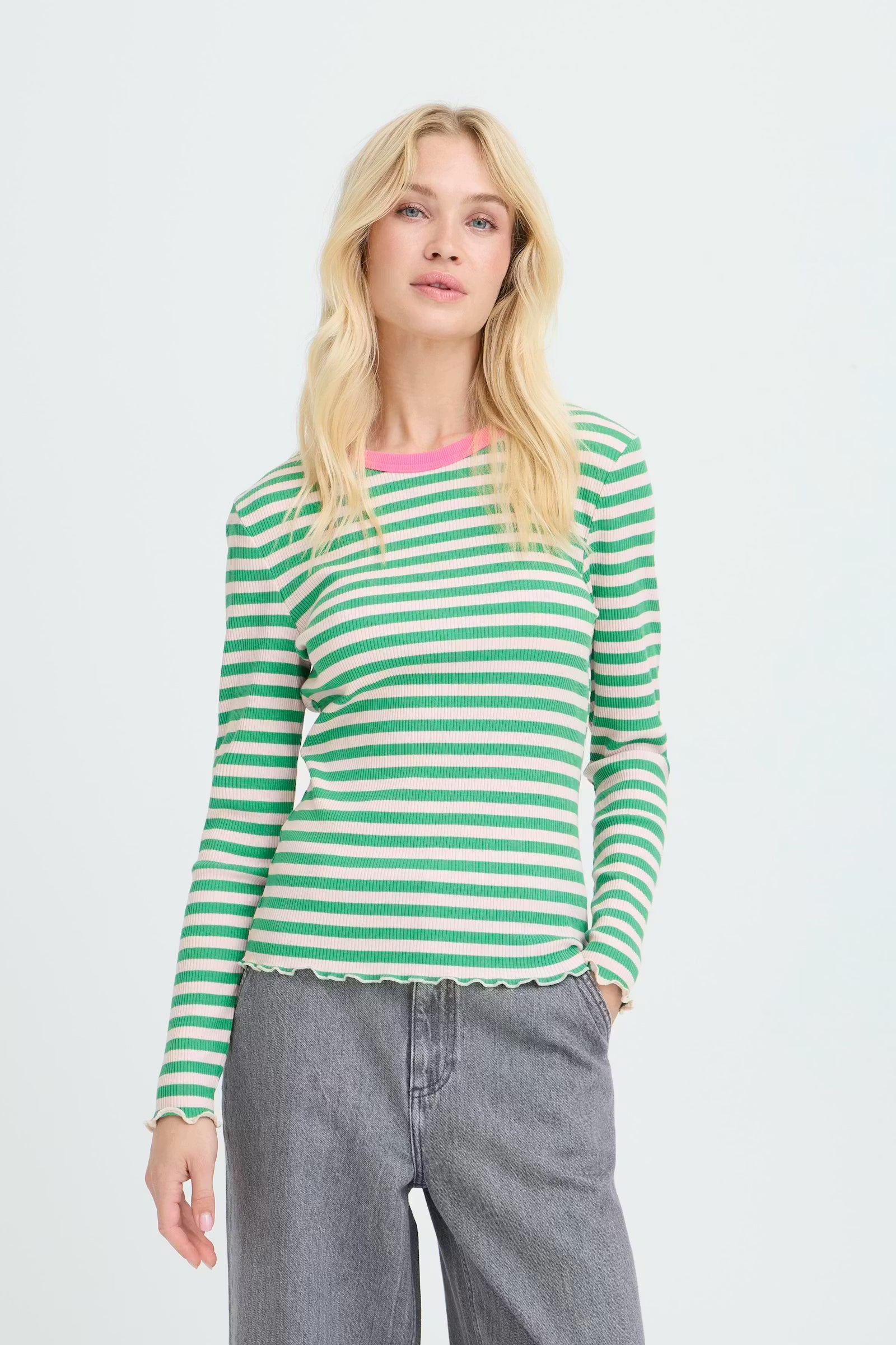 Green/White/Pink Striped Long Sleeve Ribbed Top